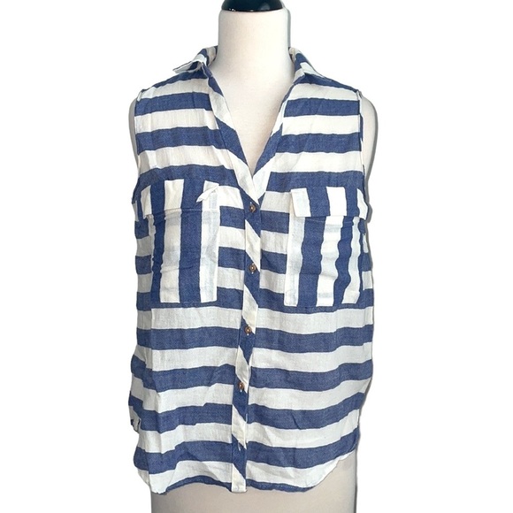 ZARA BASIC striped blue and white v neck button down tank top in sz small - Picture 1 of 9
